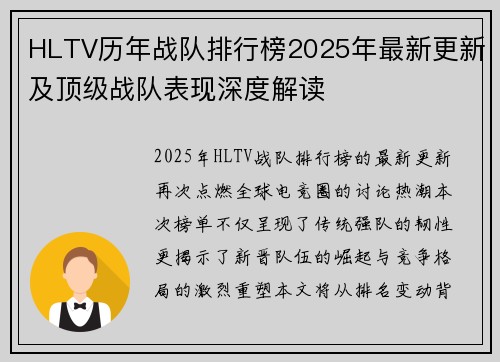 HLTV历年战队排行榜2025年最新更新及顶级战队表现深度解读