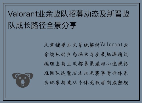 Valorant业余战队招募动态及新晋战队成长路径全景分享