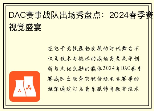 DAC赛事战队出场秀盘点：2024春季赛视觉盛宴